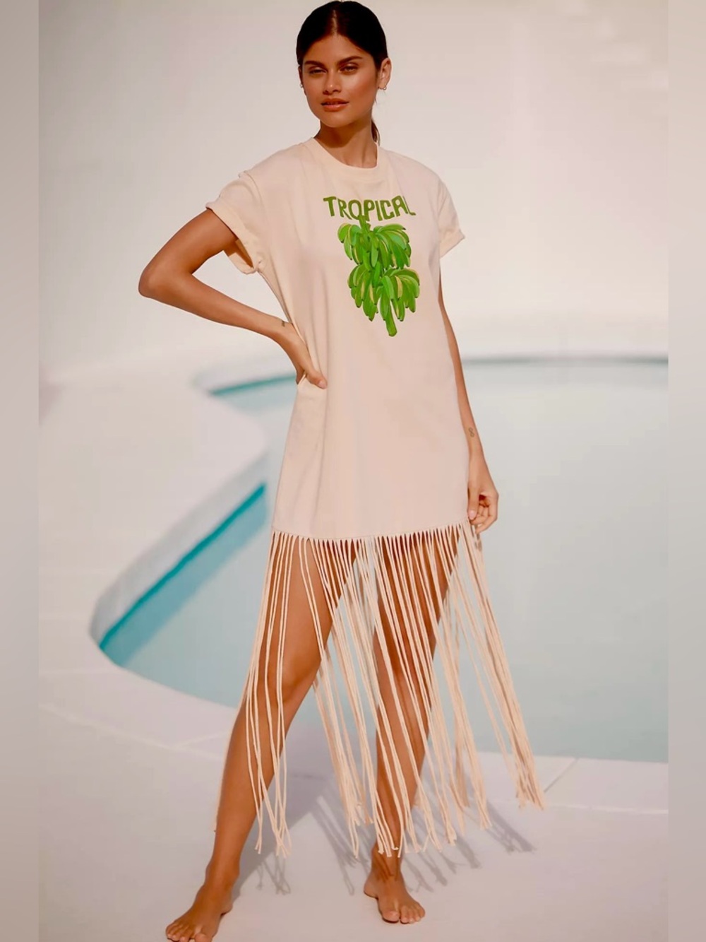 FARM Rio Peach Tropical Banana Fringe Swim Cover-Up T-Shirt Dress Size XS